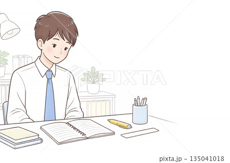 受験生 集中して勉強する 上半身 余白 フラット 135041018