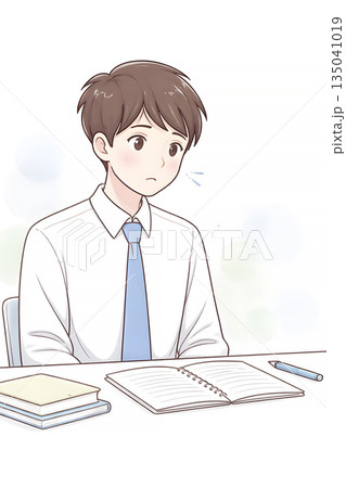 試験前 緊張する学生の表情 上半身 シンプル 135041019