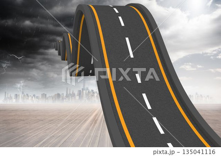 Wavy asphalt road is floating above wood deck with yellow borders, white line, lightning-filled sky Wavy asphalt road is floating above wood deck with yellow borders, white line, lightning-filled sky 135041116