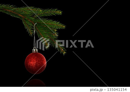 Flat design pine branch is extending, holding red glitter bauble against black backdrop, copy space 135041154
