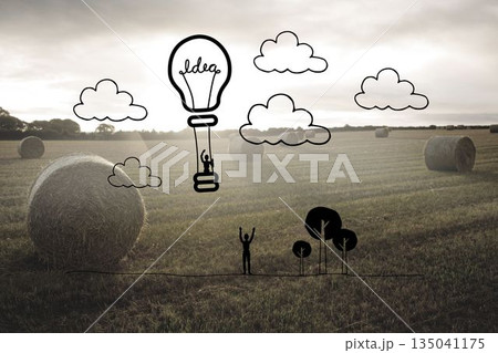 Hot air balloon over countryside Hot air balloon over countryside 135041175