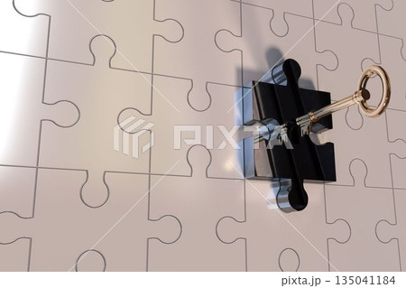 Black puzzle piece lock is holding golden key within 3D render of interlocking beige puzzle pieces 135041184