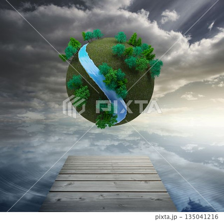 Futuristic earth floating in air Futuristic earth floating in air 135041216