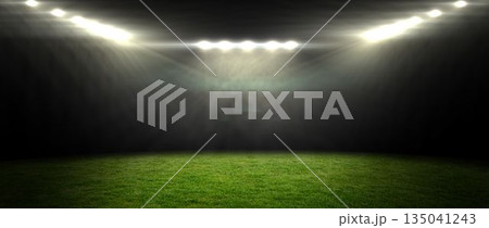 Grass playing field is shining under overhead floodlights in flat design, vivid green turf glowing 135041243