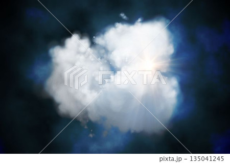 Glowing cloud is floating in 3D with starburst light, glowing particles against smoky blue backdrop Glowing cloud is floating in 3D with starburst light, glowing particles against smoky blue backdrop 135041245