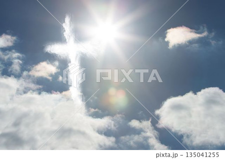 Flat design illustration is showing cross-shaped cloud formation lit by sun rays with lens flare 135041255