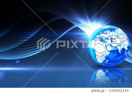 Stylized globe is glowing in futuristic tech scene, with circuitry, reflective floor and lens flare Stylized globe is glowing in futuristic tech scene, with circuitry, reflective floor and lens flare 135041314