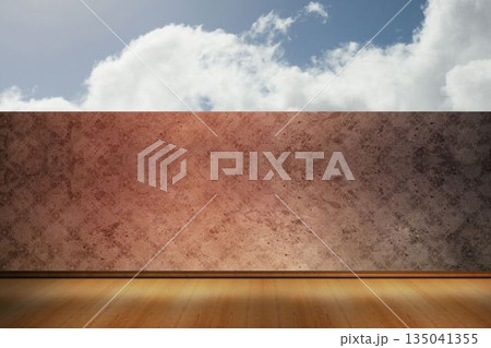 Weathered plaster wall and hardwood floor planks are sitting below bright blue sky in flat design Weathered plaster wall and hardwood floor planks are sitting below bright blue sky in flat design 135041355