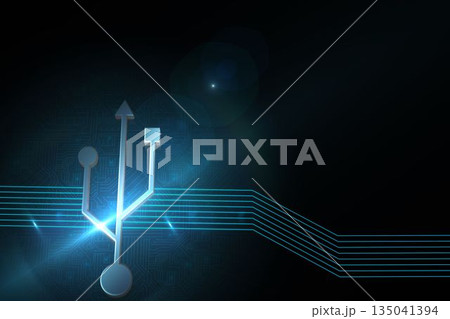 Glowing USB connector icon is shining in abstract digital graphic with blue circuit traces 135041394