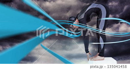 Full length of swimmer bending against digitally generated blue lines Full length of swimmer bending against digitally generated blue lines 135041458