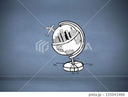 Illustration globe and airplane against gray wall 135041466