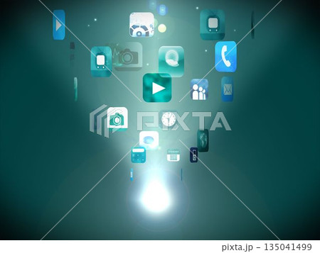 Futuristic app icons floating in light Futuristic app icons floating in light 135041499