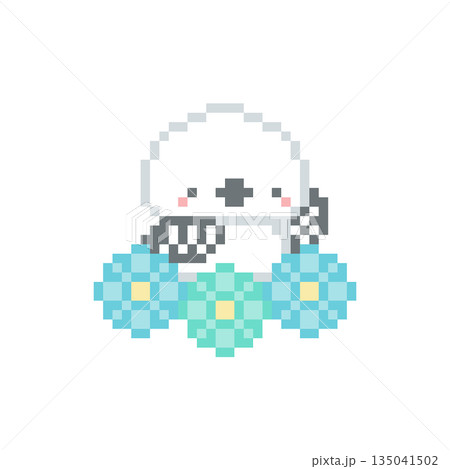 水色の花と挙手するシマエナガのドット絵 水色の花と挙手するシマエナガのドット絵 135041502