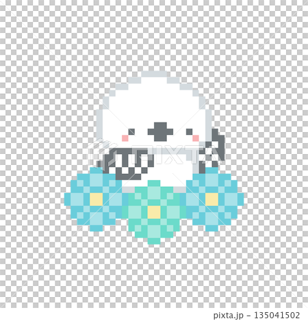 水色の花と挙手するシマエナガのドット絵 水色の花と挙手するシマエナガのドット絵 135041502