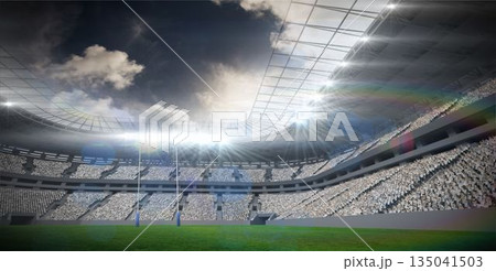 Flat illustration is showing rugby goalposts on pitch under arched roof with floodlights, stands 135041503