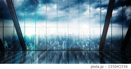 Cityscape over cloudy sky seen through window Cityscape over cloudy sky seen through window 135041556