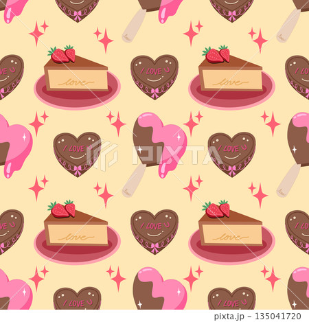 Valentine's Day seamless pattern with heart-shaped chocolate cake and ice cream popsicles. Valentine's Day seamless pattern with heart-shaped chocolate cake and ice cream popsicles. 135041720