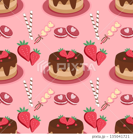 Valentine seamless pattern featuring chocolate cake, marshmallows, and macarons on pink background 135041721