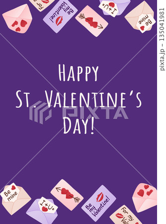 Happy st valentines day greeting card with hand drawn envelopes, love notes and heart symbols on purple background. The illustration represents love, romance and celebration of valentine holiday 135041981
