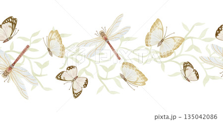 Abstract butterflies and dragonflies seamless border with vine branch in pastel beige colors. Watercolor hand drawn repeat banner on white with cute insects for simple summer nature designs 135042086