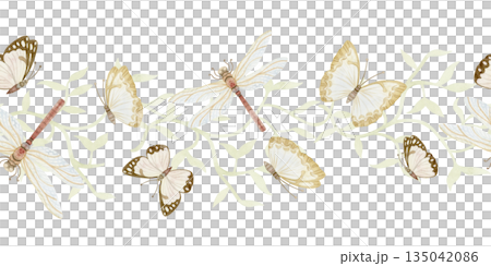 Abstract butterflies and dragonflies seamless border with vine branch in pastel beige colors. Watercolor hand drawn repeat banner on white with cute insects for simple summer nature designs 135042086