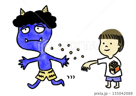 節分　豆まきで逃げる青鬼と笑顔の子ども　透明水彩風イラスト 135042089