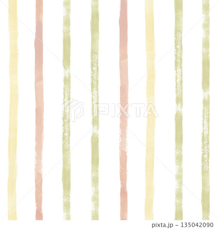 Pastel abstract striped watercolor seamless pattern on white. Light yellow, pink and green vertical stripes hand drawn repeat background. Brush strokes clip art in simple style. Wallpaper with lines 135042090