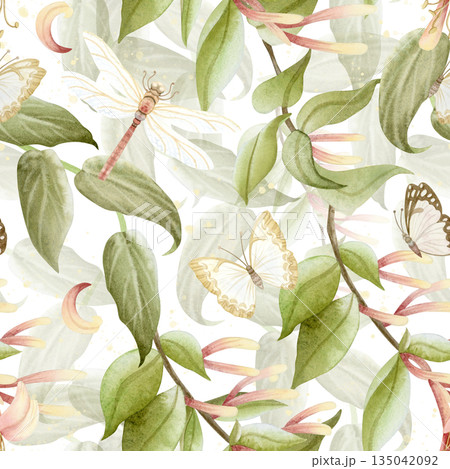 Watercolor butterflies and dragonflies on garden hedge seamless pattern on white. Blooming honeysuckle flowers and green vines repeat background for spring designs. Botanical liana in pastel colors Watercolor butterflies and dragonflies on garden hedge seamless pattern on white. Blooming honeysuckle flowers and green vines repeat background for spring designs. Botanical liana in pastel colors 135042092