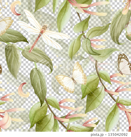 Watercolor butterflies and dragonflies on garden hedge seamless pattern on white. Blooming honeysuckle flowers and green vines repeat background for spring designs. Botanical liana in pastel colors Watercolor butterflies and dragonflies on garden hedge seamless pattern on white. Blooming honeysuckle flowers and green vines repeat background for spring designs. Botanical liana in pastel colors 135042092
