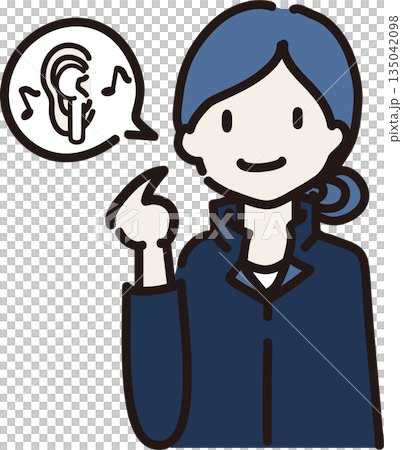 插圖描繪了一位戴著耳機、身穿藏藍色制服的女工作人員，她正在提醒人們注意自己的穿著。 135042098