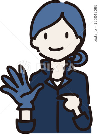 ゴム手袋を着け身に着けるものを注意喚起する女性作業員のイラスト　紺色の制服 135042099
