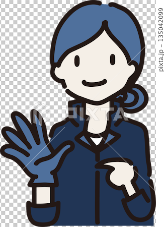 ゴム手袋を着け身に着けるものを注意喚起する女性作業員のイラスト　紺色の制服 135042099