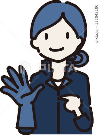長ゴム手袋を着け身に着けるものを注意喚起する女性作業員のイラスト　紺色の制服 135042100