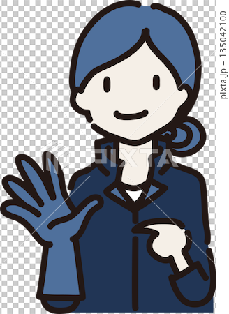 長ゴム手袋を着け身に着けるものを注意喚起する女性作業員のイラスト　紺色の制服 135042100