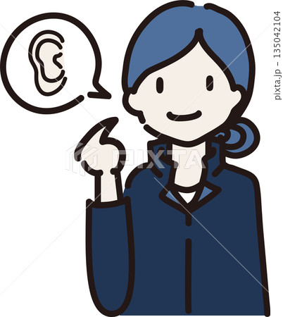 耳を指さし身に着けるものを注意喚起する女性作業員のイラスト 紺色の制服 耳を指さし身に着けるものを注意喚起する女性作業員のイラスト 紺色の制服 135042104