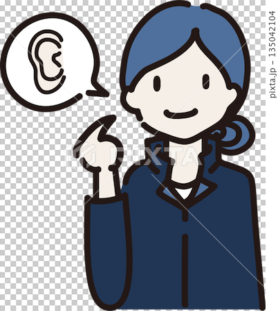 Illustration of a female worker in a navy blue uniform pointing at her ear to warn people to be careful about what they are wearing Illustration of a female worker in a navy blue uniform pointing at her ear to warn people to be careful about what they are wearing 135042104