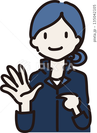 手のひらを見せ身に着けるものを注意喚起する女性作業員のイラスト　紺色の制服 135042105