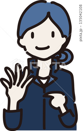 手の甲を見せ身に着けるものを注意喚起する女性作業員のイラスト 紺色の制服 手の甲を見せ身に着けるものを注意喚起する女性作業員のイラスト 紺色の制服 135042108