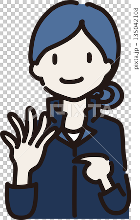 手の甲を見せ身に着けるものを注意喚起する女性作業員のイラスト 紺色の制服 手の甲を見せ身に着けるものを注意喚起する女性作業員のイラスト 紺色の制服 135042108