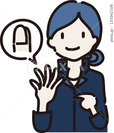 爪を見せ身に着けるものを注意喚起する女性作業員のイラスト 紺色の制服 爪を見せ身に着けるものを注意喚起する女性作業員のイラスト 紺色の制服 135042109