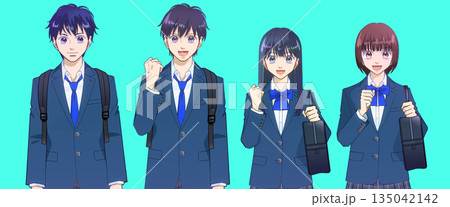 リュックとスクールバッグを持つ高校生または中学生の男女のアニメ風イラスト リュックとスクールバッグを持つ高校生または中学生の男女のアニメ風イラスト 135042142