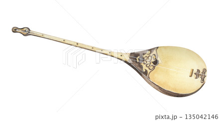 Watercolor Illustration of Traditional Dombra String Instrument 135042146