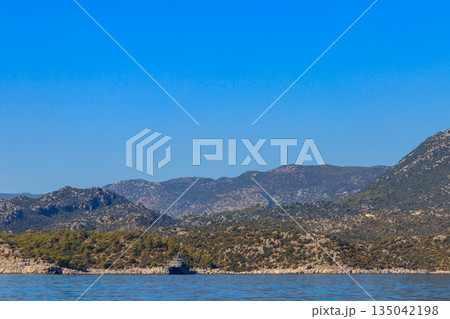 Turkish navy warship sailing in the Mediterranean sea. Protection of water borders of Turkey Turkish navy warship sailing in the Mediterranean sea. Protection of water borders of Turkey 135042198