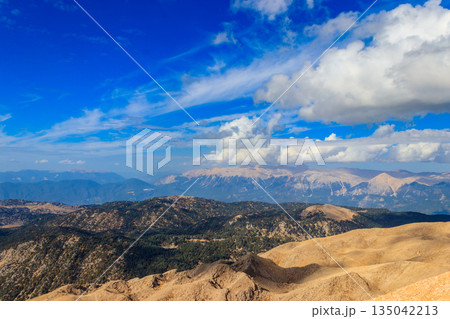 View of the Taurus mountains from a top of Tahtali mountain near Kemer, Antalya Province in Turkey 135042213