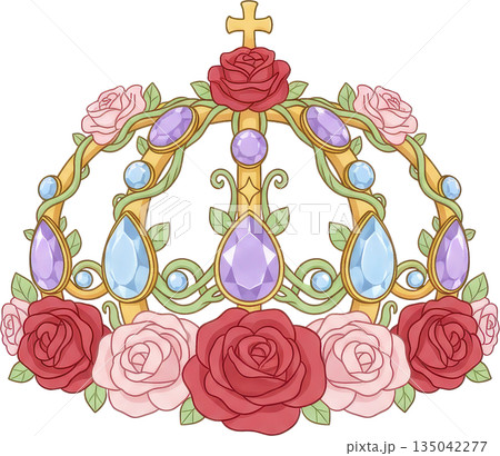A golden crown adorned with roses and colorful gemstones A golden crown adorned with roses and colorful gemstones 135042277