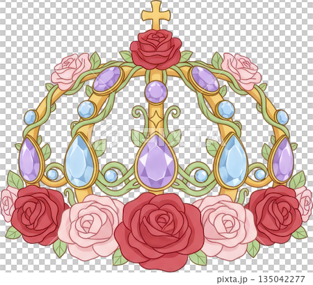 A golden crown adorned with roses and colorful gemstones A golden crown adorned with roses and colorful gemstones 135042277