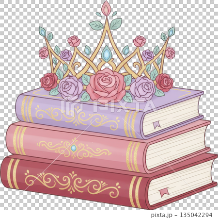 Stack of beautifully decorated books topped by a crown with roses and jewels 135042294
