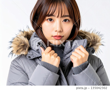 ダウンジャケットを着てポーズする若い女性 ダウンジャケットを着てポーズする若い女性 135042302