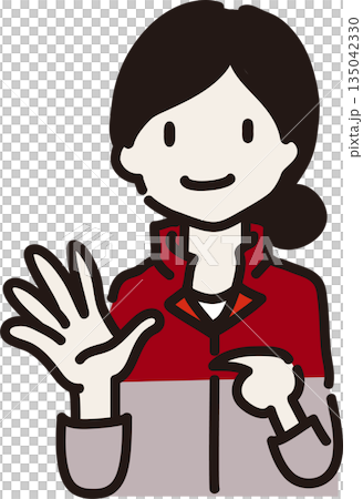 手のひらを見せ身に着けるものを注意喚起する女性作業員のイラスト　赤色の制服 135042330