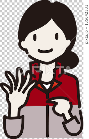 手の甲を見せ身に着けるものを注意喚起する女性作業員のイラスト　赤色の制服 135042331